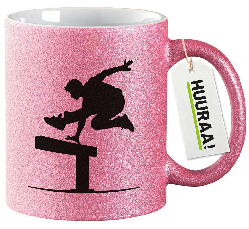 Huuraa Glitzertasse Parkour Freerunning 330ml Pink Keramik Kaffeebecher Geschenkidee