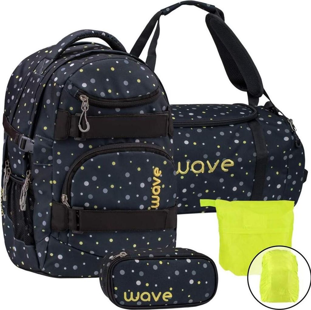 Wave Schulrucksack Set Mädchen Jungen 4tlg schwarz mit Punkten mit Sporttasche Schlamper Regenschutz ab 5. Klasse