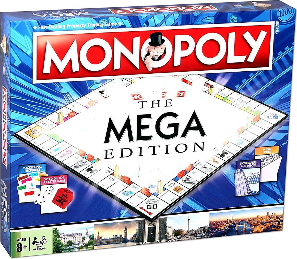 A Monopoly Mega Edition board game box is shown from a slightly elevated front-facing angle, with the game board partially visible.