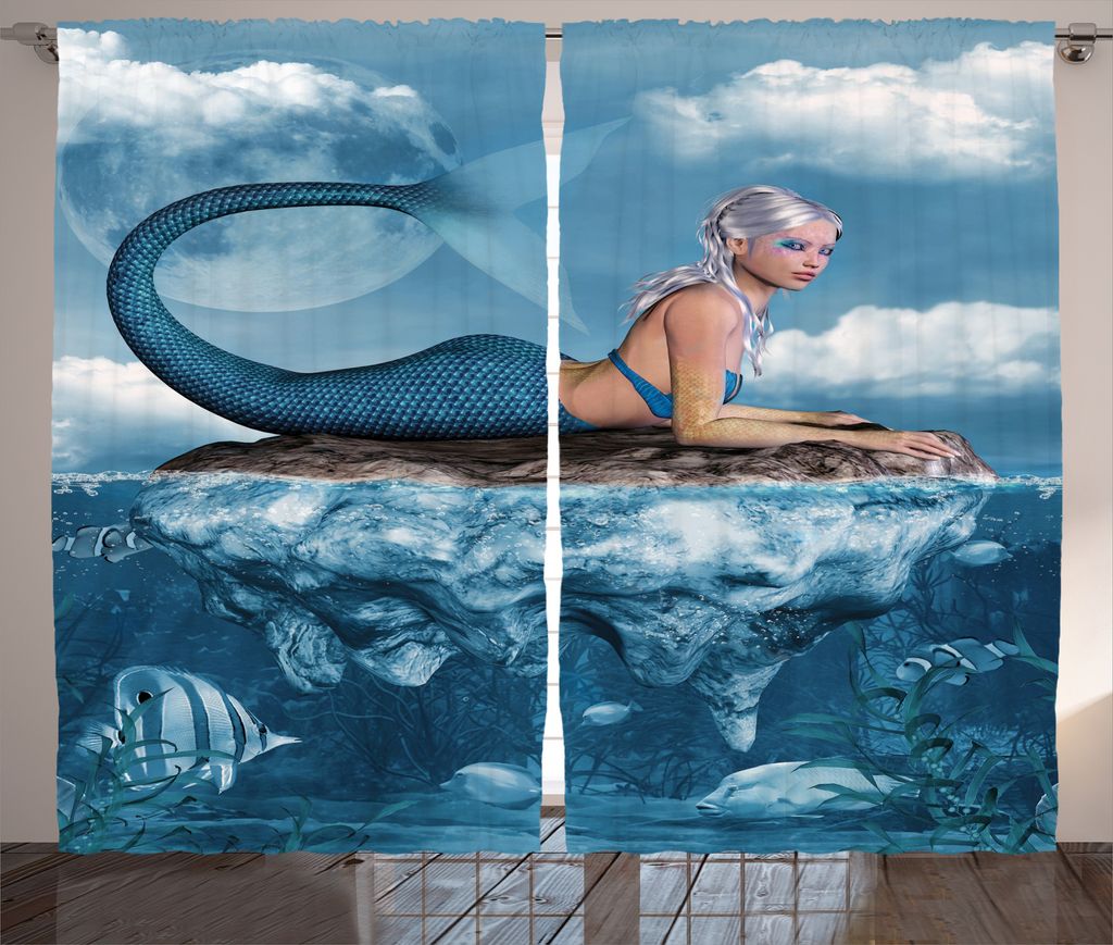 ABAKUHAUS Meerjungfrau Rustikaler Gardine, Mythische Sea Grafik, Schlafzimmer Kräuselband Vorhang mit Schlaufen und Haken, 280 x 175 cm, Marinebla...