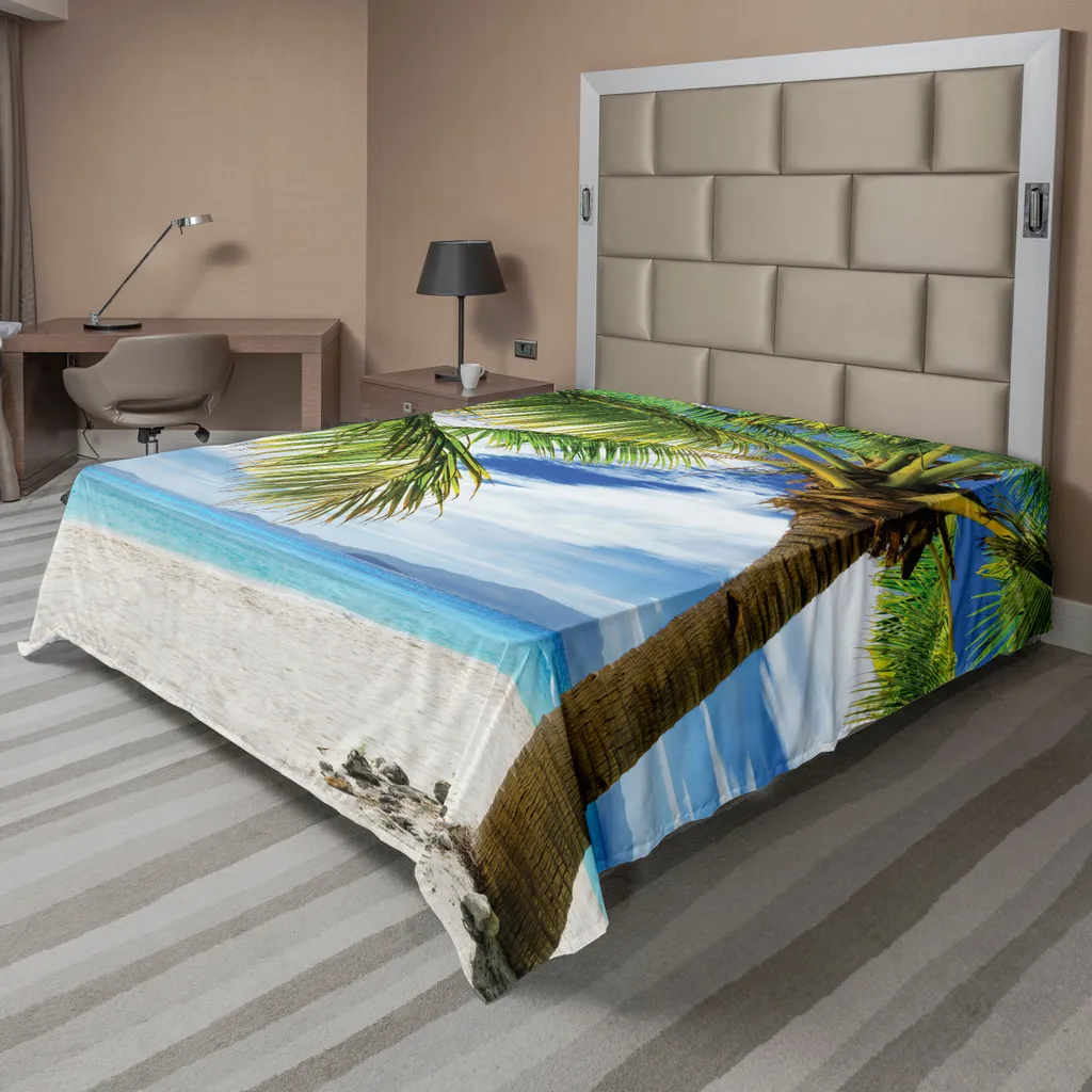 Drap de Lit Plat ABAKUHAUS Solitary Palm 244x205 cm Vert et Bleu