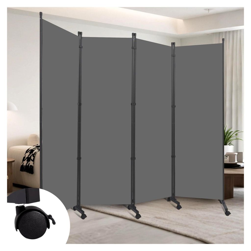 Raumteiler (4 Paneele) für Raumtrennung, 223,5 cm breit, tragbarer Sichtschutz mit Rädern, Metallrahmen, freistehender Raumtrenner, 150 cm Raumte...