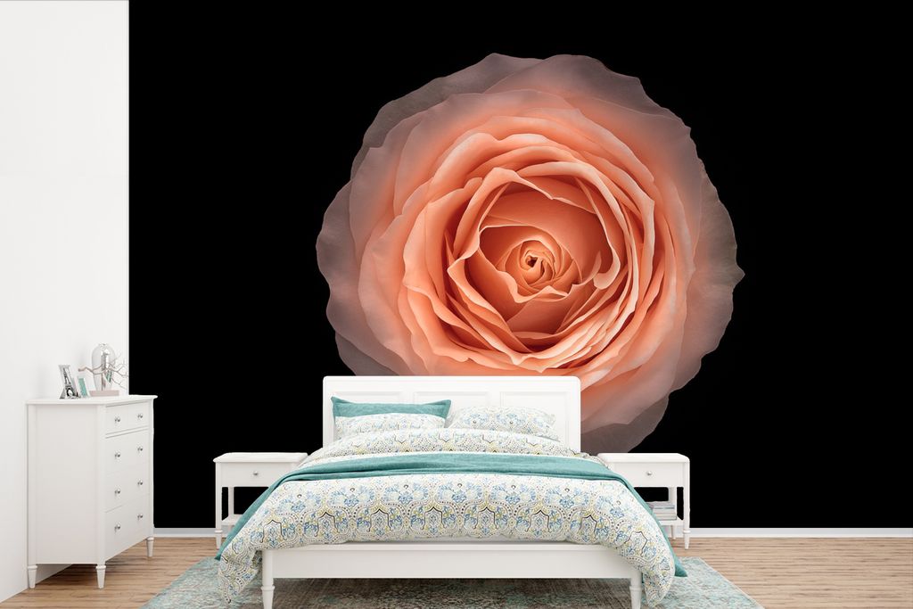 MuchoWow Fototapete für Wohnzimmer oder Schlafzimmer Wandtapete Vinyl Motivtapete Runde Form Rosa Blume auf schwarzem Hintergrund, Ansicht von o...