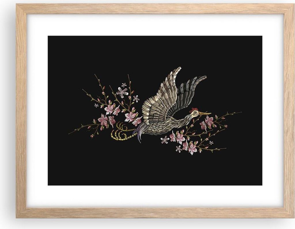 Gerahmtes Poster - Rahmen in heller Eiche - Asiatisch Vogel Blumen - 40x30 cm - Wand Bild - Wanddeko - Wandbilder - Kunstposter - Wandposter - Bild...