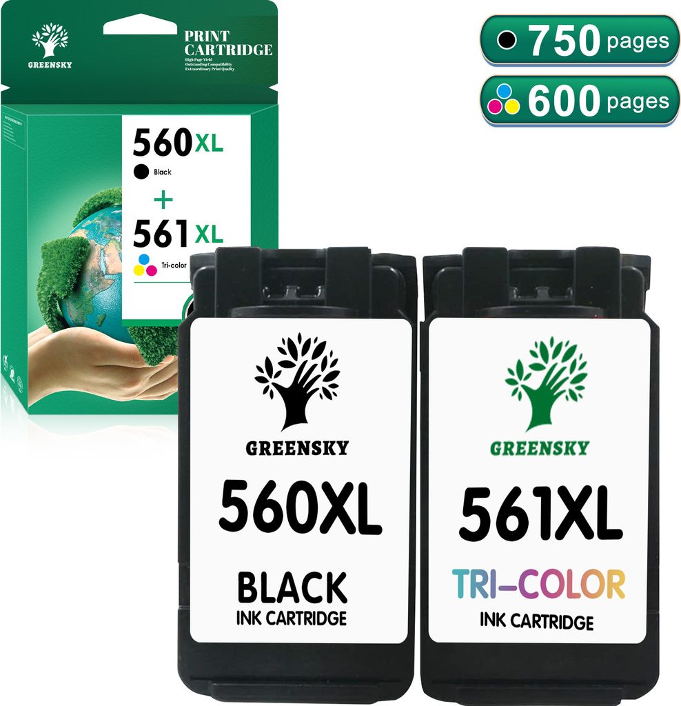 Two printer ink cartridges and their packaging are displayed against a white background.