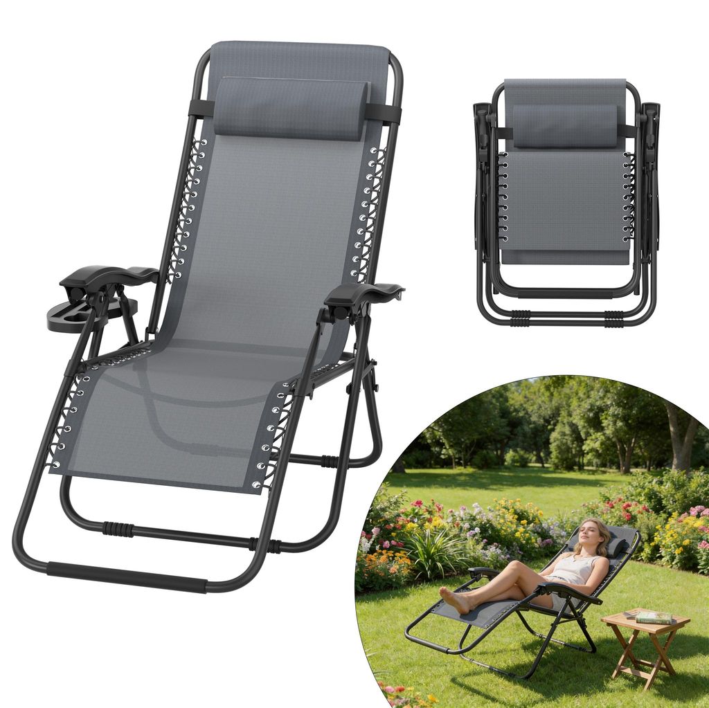 LARS360 Hellgrau Klappbarer Liegestuhl, Strandstuhl, Relaxliege für Outdoor, max. 120kg, mit Kissen, Faltbar für Camping, Garten und Pool, bequem...
