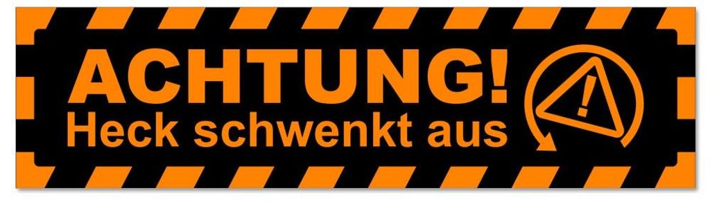 Kiwistar - Autoaufkleber - Orange - Schwarz - 30 x 8 cm - Achtung Heck schwenkt gestreift - Hinweis Aufkleber Sticker für Auto, Kfz, Fahrrad, PKW,...