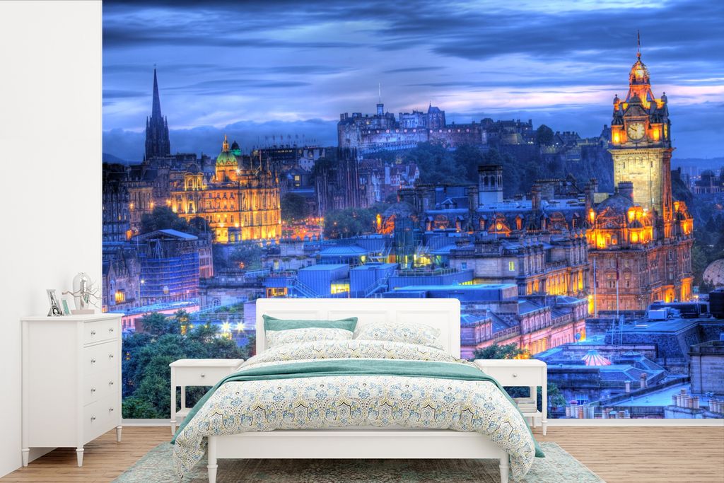 MuchoWow Fototapete für Wohnzimmer oder Schlafzimmer Wandtapete Vinyl Motivtapete Schloss - Licht - Nacht - Edinburgh - 390x260 cm - Papiertapete