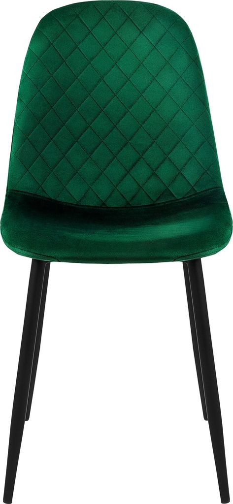 A dark green velvet dining chair with a diamond-stitched back and black metal legs, shown from the front against a white background.