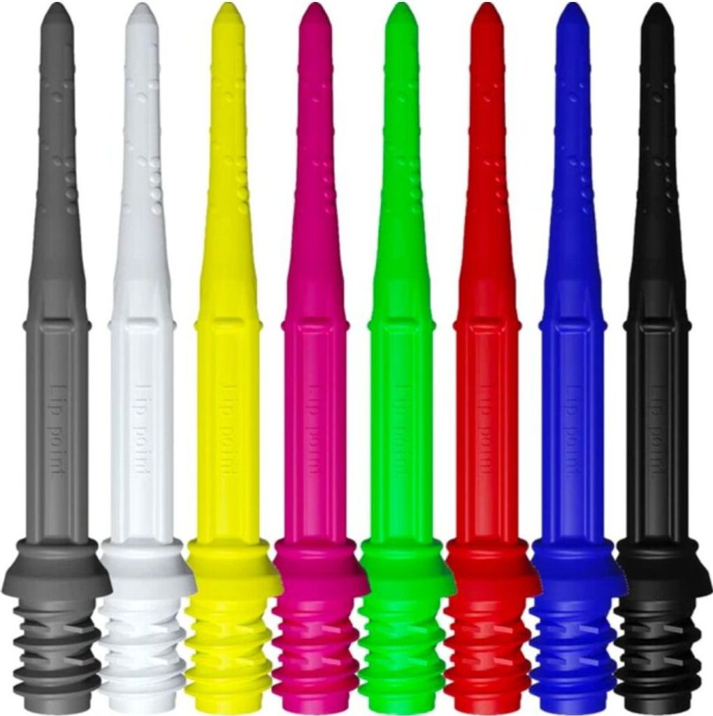 A row of colorful dart shafts.