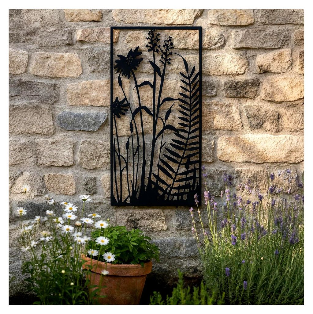 Metallbild mit Farn und Blumen, 120 x 60 cm Wanddekoration für Innen- und Außenbereiche mit Aufhängemöglichkeiten, modernes Design in Schwarz