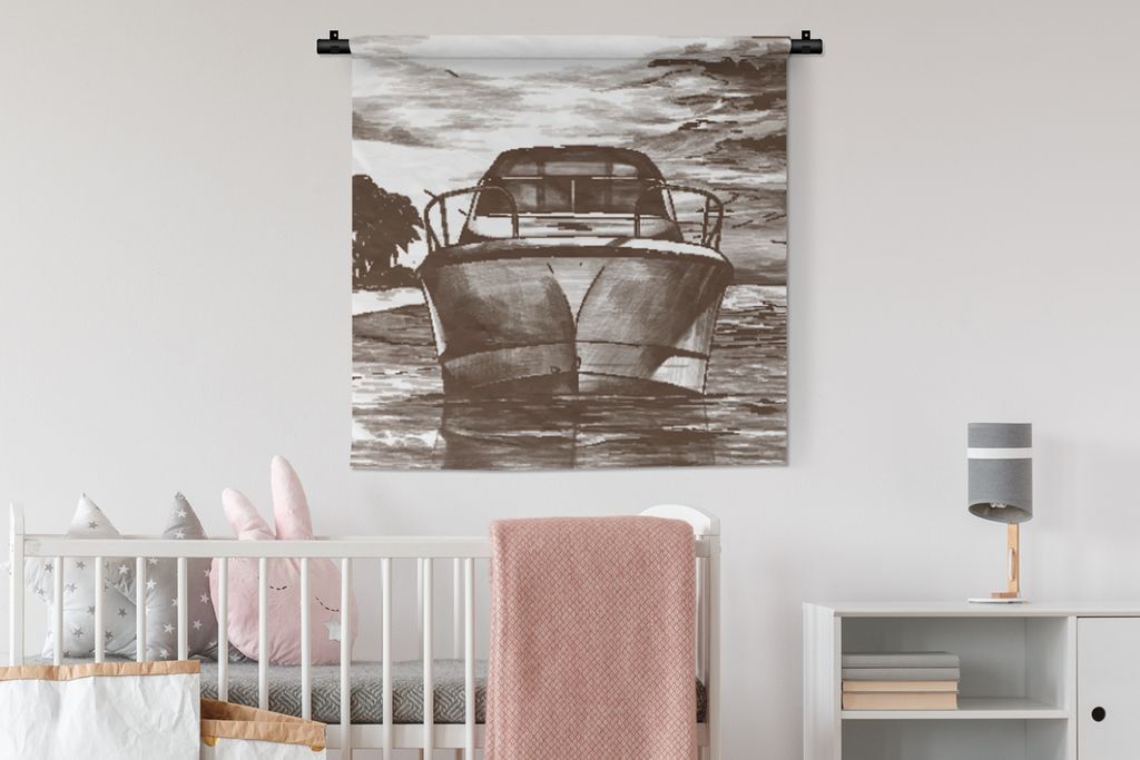 MuchoWow Wandteppich Wandbehang Boot - Meer - Schwarz - Weiß 90x90 cm Tapisserie Dekoration Wandtuch - Wandaufhänger