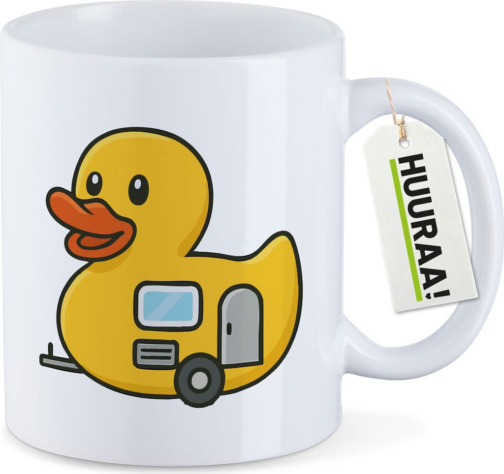 Huuraa Kaffeetasse Quietscheente Camper Gummiente Wohnwagen 330ml Weiß Keramik Kaffeebecher Geschenkidee