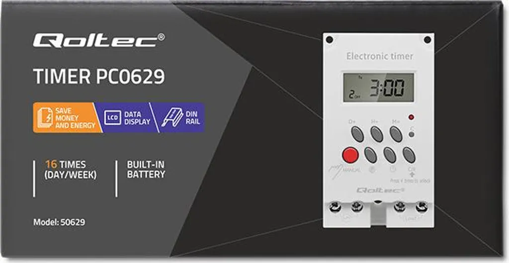 Programmatore Orario Digitale Qoltec 50629 per Guida DIN - LCD 230V - 16