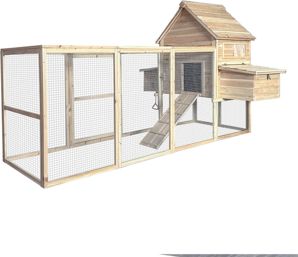 A wooden chicken coop with an attached run, presented against a white background.