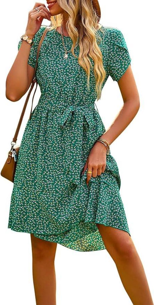 Damen Sommer Boho Kurzes Grünes XL Kleid mit Rüsche und Produktbild 