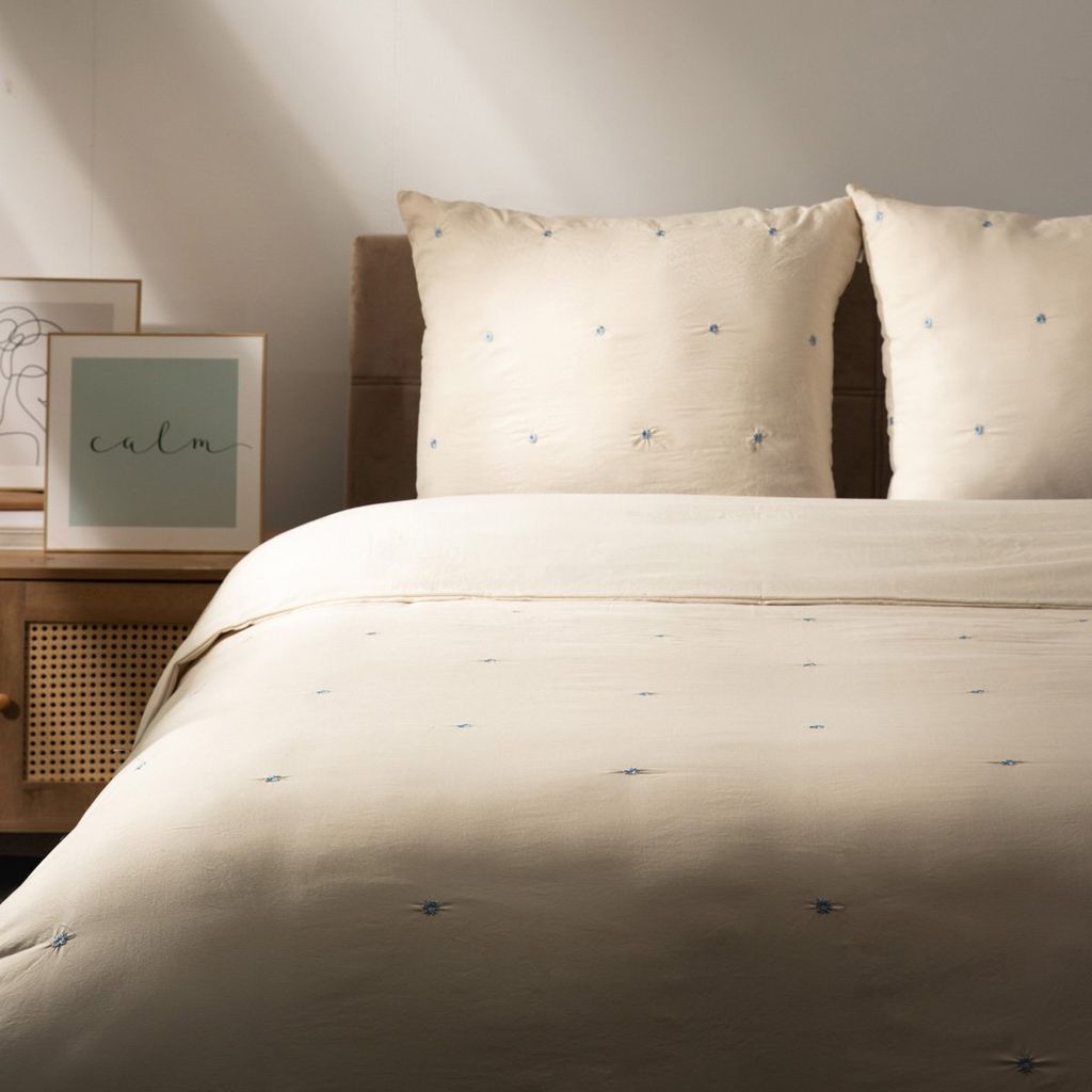 Kissenbezug Bettbezug Bettwäsche SKYLA beige Mikrofaser mit Stickerei 220x200 + 2*50x60 cm HOMLA