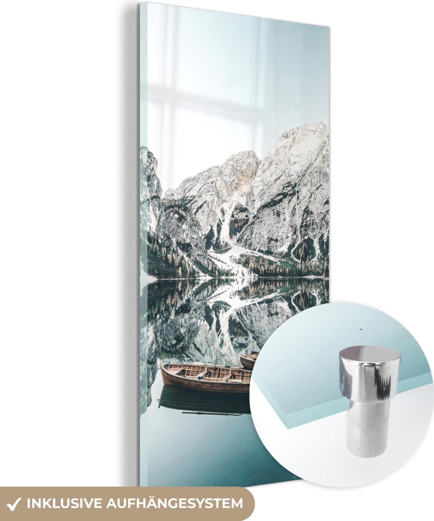 MuchoWow Glasbilder - Bilder auf Wandbild - Foto auf Glas Landschaft - Boot - Winter - Berge 40x80 cm Wanddekoration aus Glas - Acrylglasbild - Acr...
