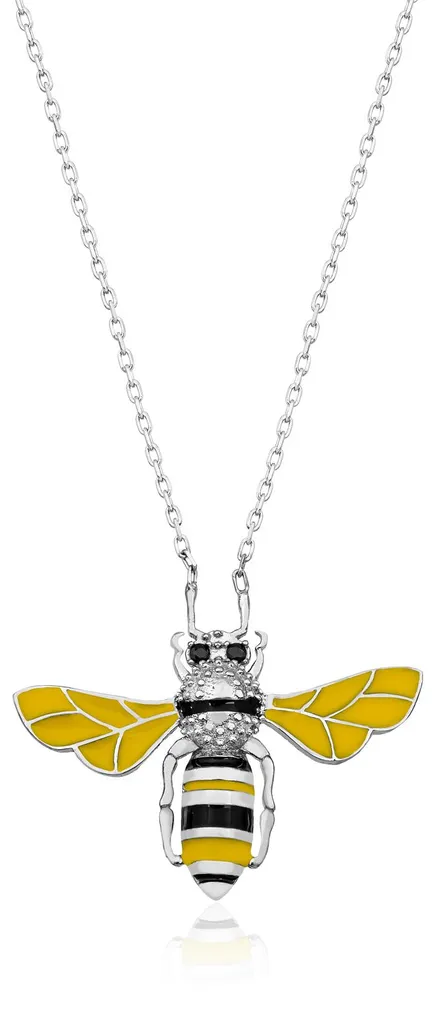 Sautoir abeille en argent 925 rhodié, émail jaune et pierres de zircone