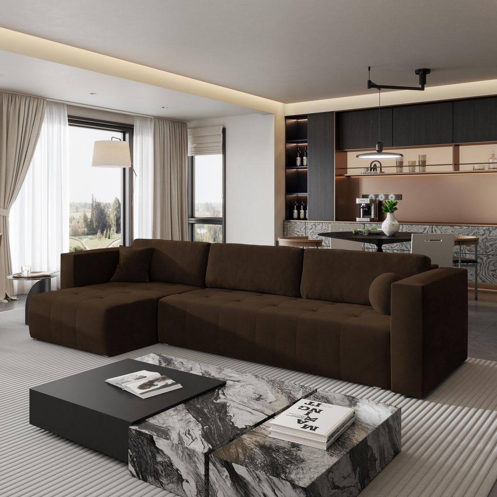Masseno Ecksofa OLVERA mit Schlaffunktion L-Form, Sofa mit Bettkasten, Wohnzimmersofa, Couch, Soffa, Bettsofa, Couchgarnitur- Braun, KRONOS 06