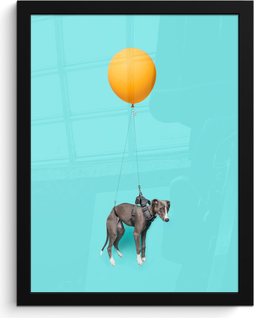 MuchoWow MuchoWow Gerahmtes Poster Windhund auf einem gelben Ballon 30x40 cm - Poster mit zchwarzem Bilderrahmen - Wanddeko - Kunstdrucke