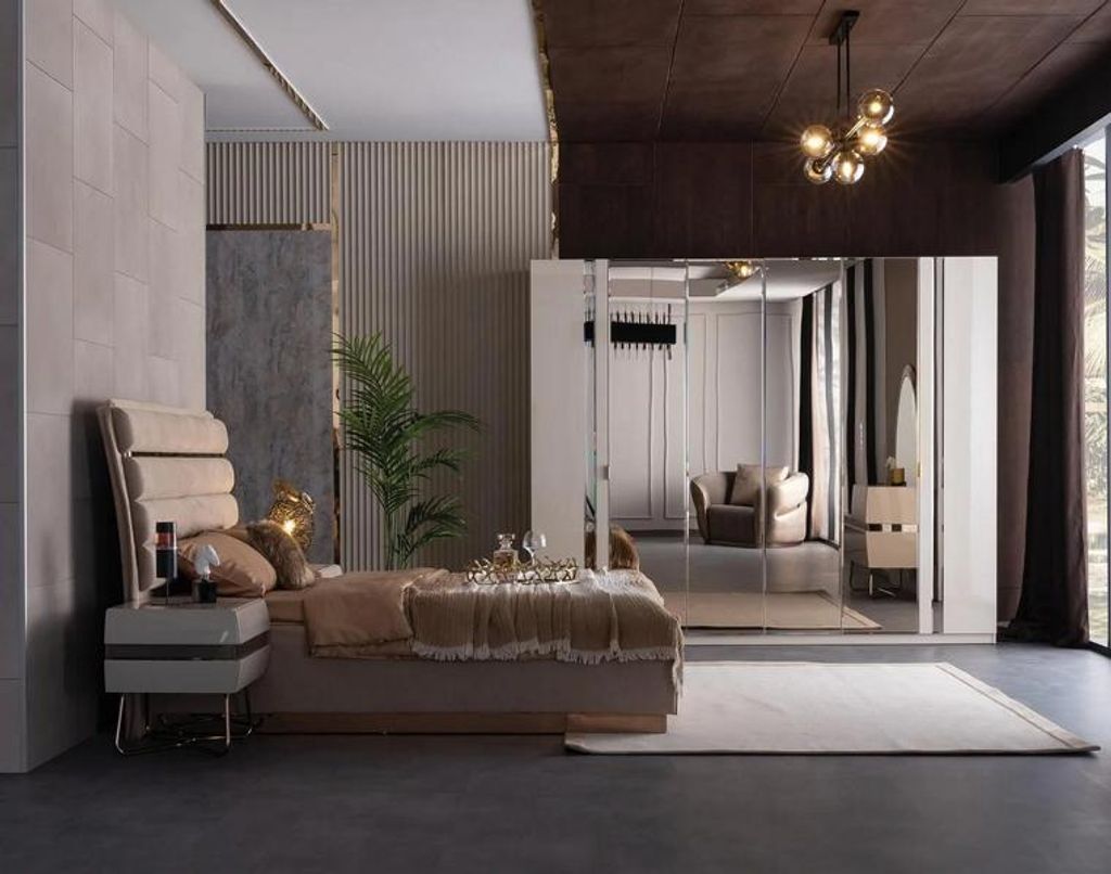 Schlafzimmer Set Komplett Bett 2x Nachttische Kleiderschrank Verspiegelt