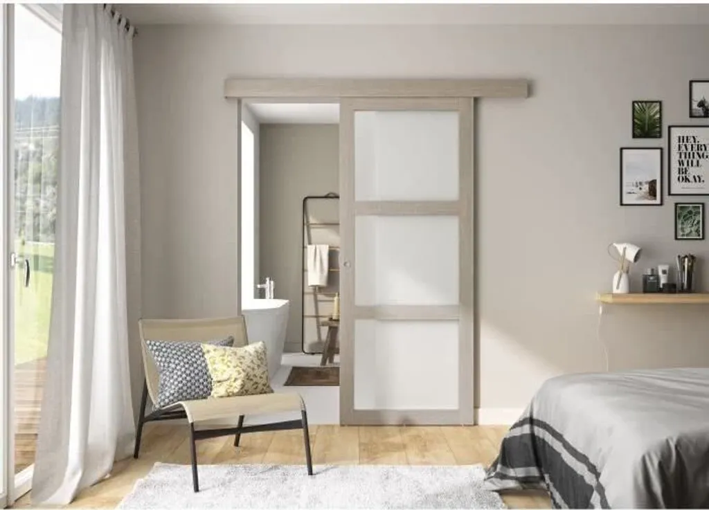 Porte coulissante Verona 3 vitres Chêne Taupe H204 x L83 cm avec rail