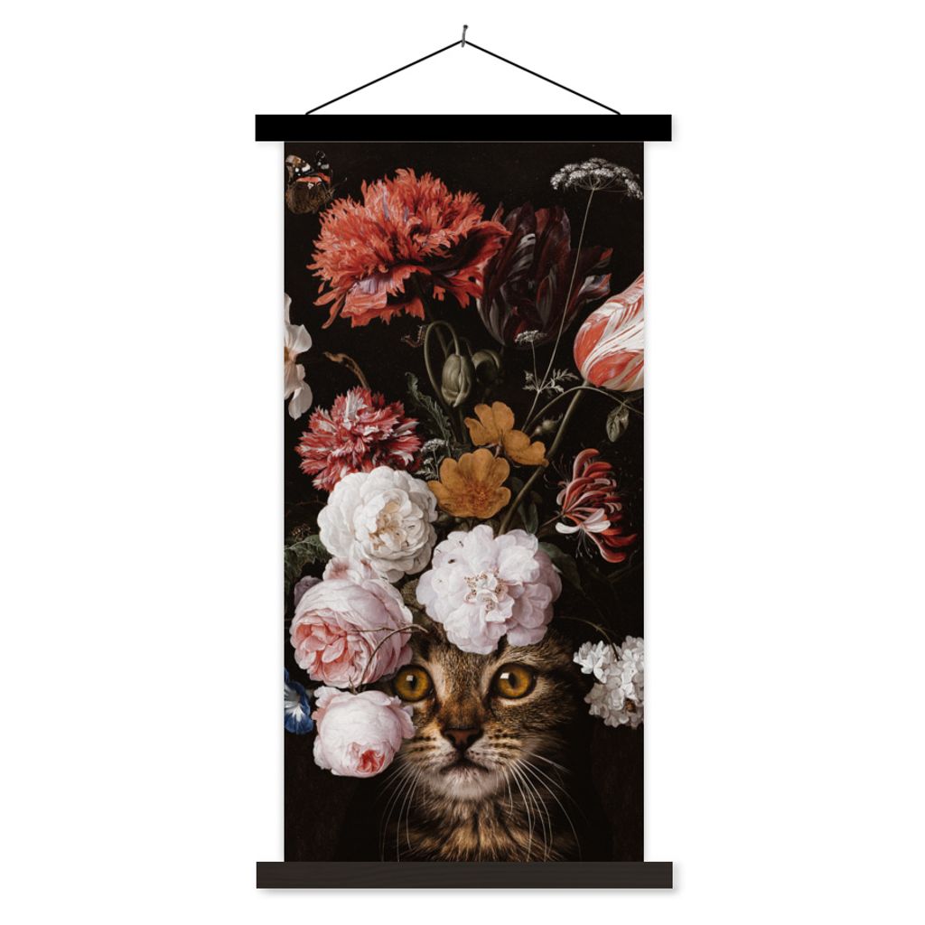 MuchoWow Textilposter Katze - Blumen - Kunst 60x120 cm mit schwarzem Rahmen - Magnete