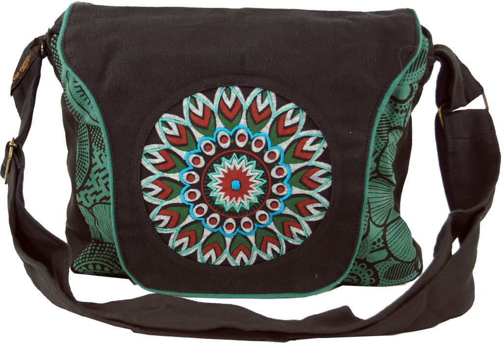 Schultertasche, Hippie Tasche, Goa Tasche, Umhängetasche, Handtasche - Schwarz/blau, Uni - Erwachsene, Baumwolle, 22*28*6 cm, Alternative Umhänge...