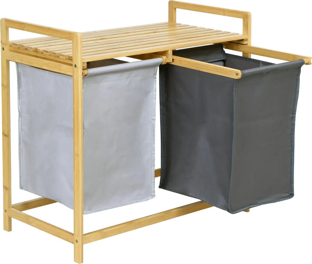 Meuble de Rangement Linge en Bambou avec Double Bac 80L et Étagère de Rangement