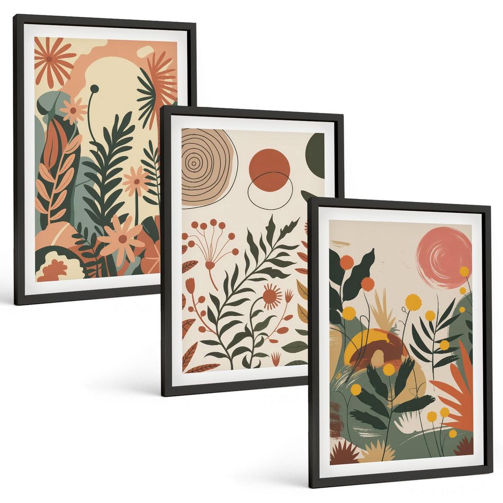 Bilder Set 3-teilig im schwarzen Rahmen – Wandbilder 3 Stück – gerahmte Poster für Wohnzimmer, Schlafzimmer und Flur – 40x60 cm – Vintage...