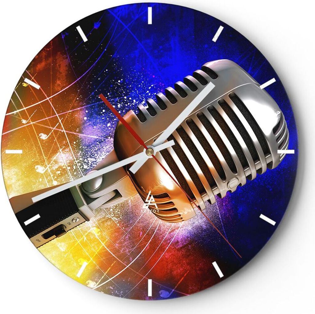 Wanduhr - Rund - Glasuhr - Mikrofon Musik Sänger - 40x40cm - Schleichendes Uhrwerk - Lautlos - zum Aufhängen bereit - Dekoration Modern - Wanddek...