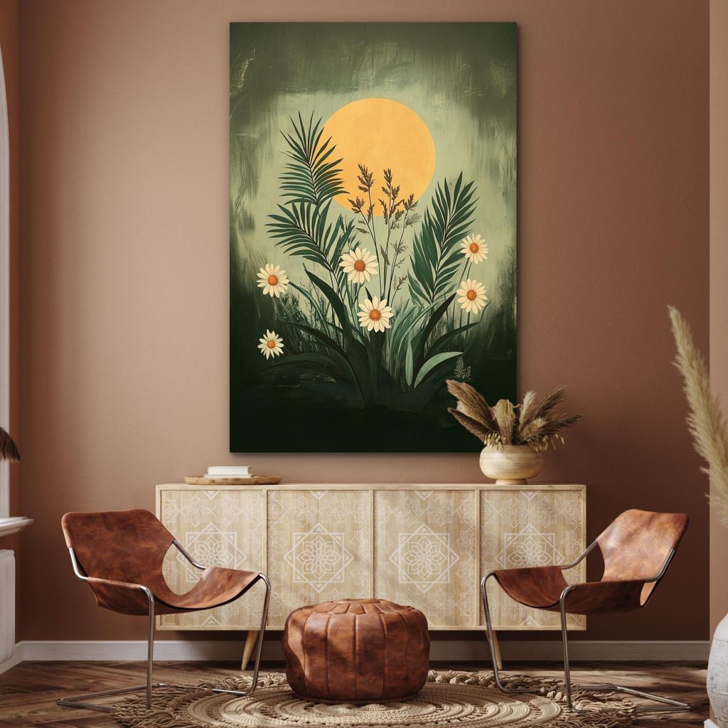 MuchoWow Wanddekoration Metall Metallbild Wandkunst 100x150 cm Blumen - Blätter - Sonne - Grün MuchoWow Aluminium Gemälde - Bild