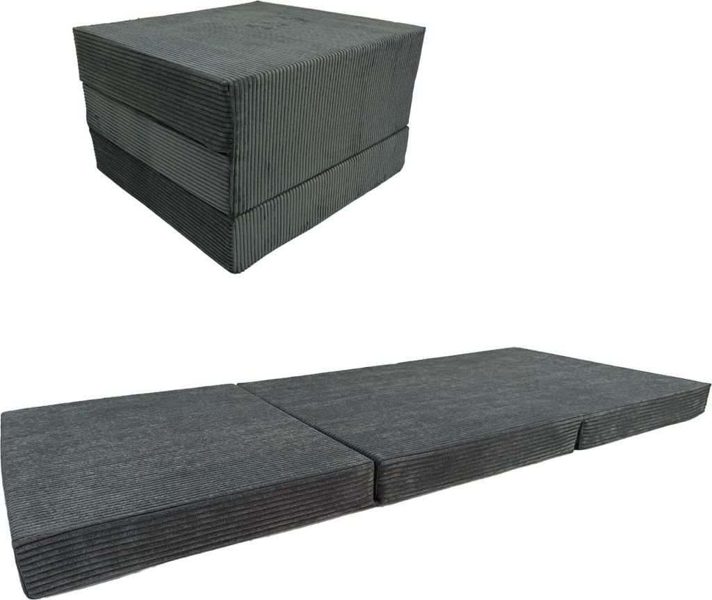 Pillows24 Klappmatratze 190x60x7, Bezug aus Anthrazit Cord-Gewebe, Gästebett klappbar aus Foam, Faltmatratze für Erwachsene, Gästematratze