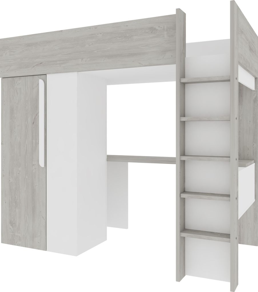Hochbett Beau 90x200 mit Schreibtisch und Kleiderschrank - weiß