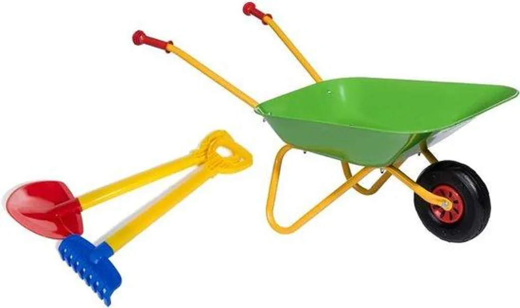 Brouette jardin enfant en fer avec accessoires pelle et houe de jeu