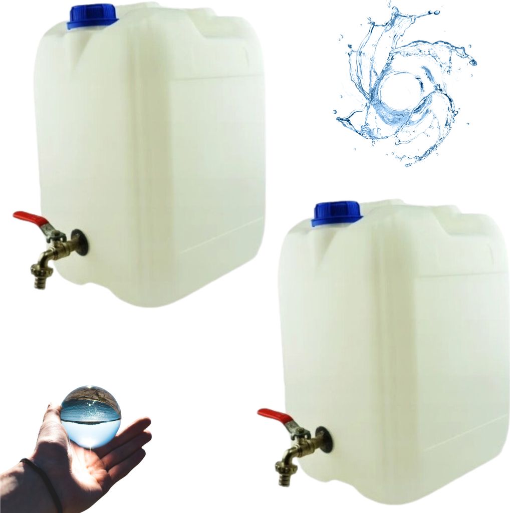 Wasserkanister 20l aus Kunststoff Weiß Set 2 Stück, Wasserbehälter mit Hahn Campingkanister Trinkwasserkanister für Haus Garten Auto Camping, G...
