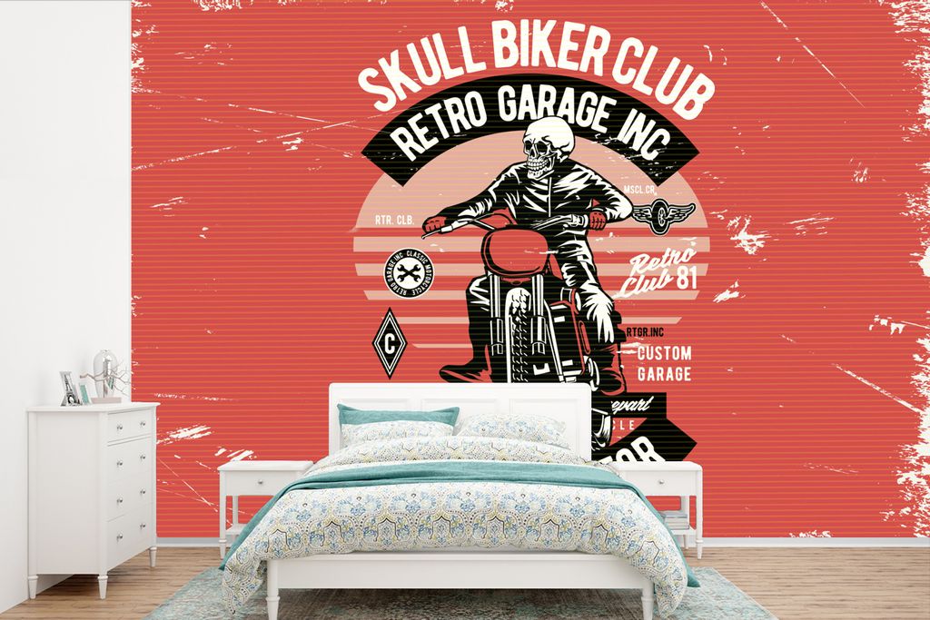 MuchoWow Fototapete für Wohnzimmer oder Schlafzimmer Wandtapete Vinyl Motivtapete Motorrad - Skelett - Kleidung - Retro - 420x280 cm - Zimmer f...
