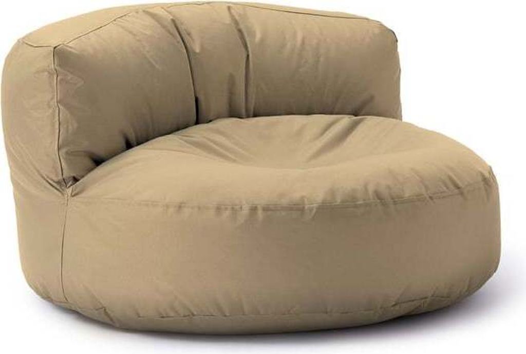 A single beige beanbag chair, presented in a studio setting against a white background.