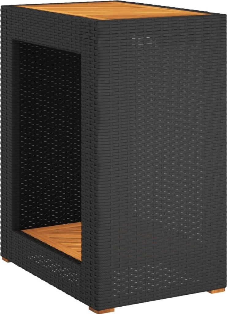 A black rattan side table with a wooden top and shelf.
