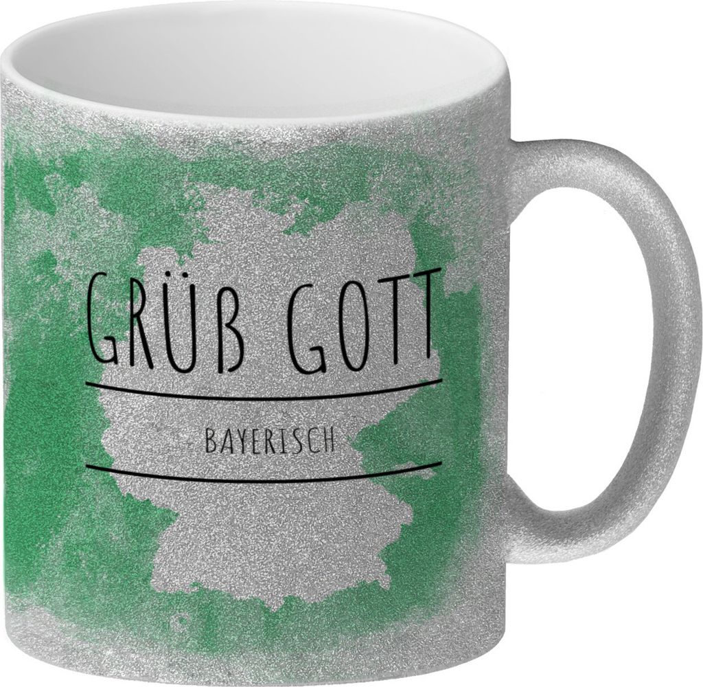 Hallo auf Bayerisch Grüß Gott lustiger Glitzer-Kaffeebecher mit grünem