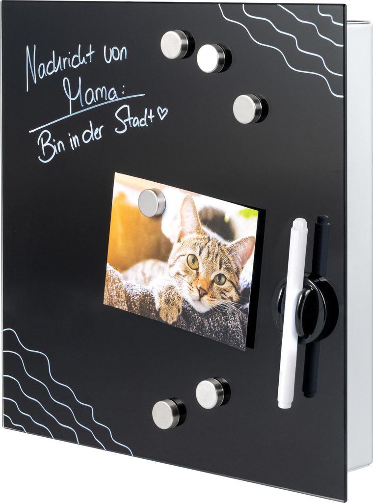 bremermann Schlüsselkasten XL mit schwarzer Glasfront, beschreibbar, 13 Haken, 6 Magnete, 1 Marker, 1 Marker-Halter, Korpus aus Metall grau pulver...