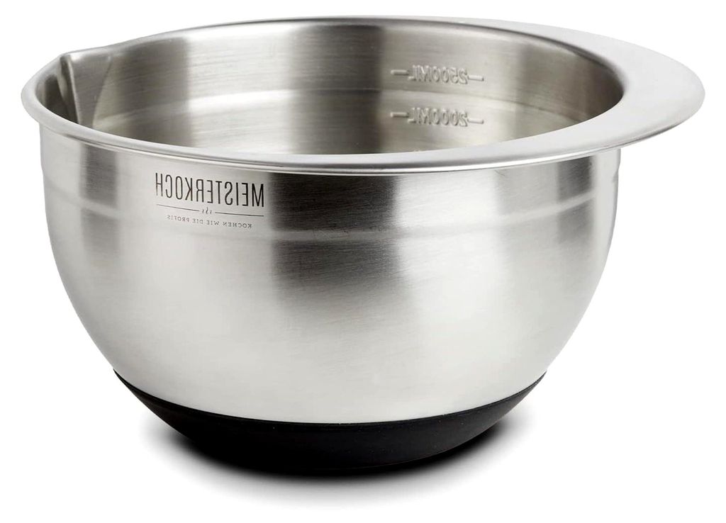 Rührschüssel 2,5 Liter aus Edelstahl in Silber, mit Innenskalierung und Ausguss, rutschfester Boden, ideal zum Mischen und Stapeln