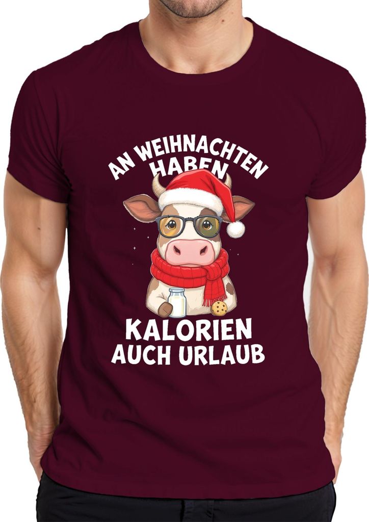 An Weihnachten haben Kalorien auch Urlaub Kuh Geschenk Lustig Herren T-Shirt, Burgundy, 3XL