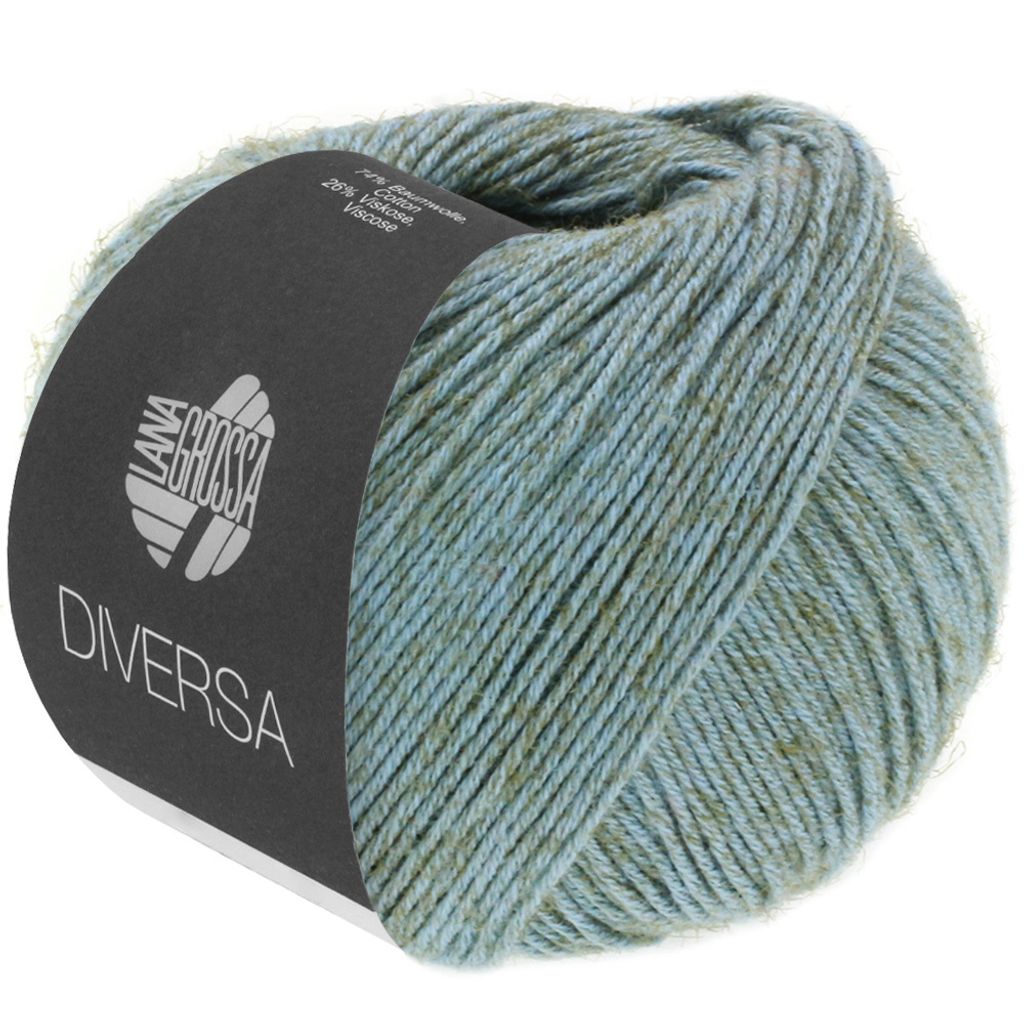 A ball of blue and green speckled yarn with a dark gray label.
