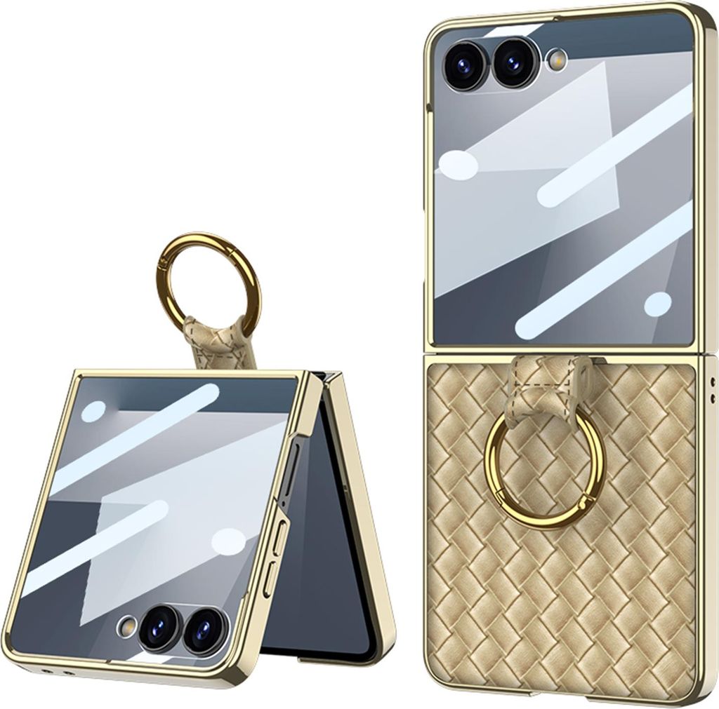 Hülle für Samsung Galaxy Z Flip 7 Elektroplatte Schutzhülle mit Displayschutzfolie und Ringhalter Gold