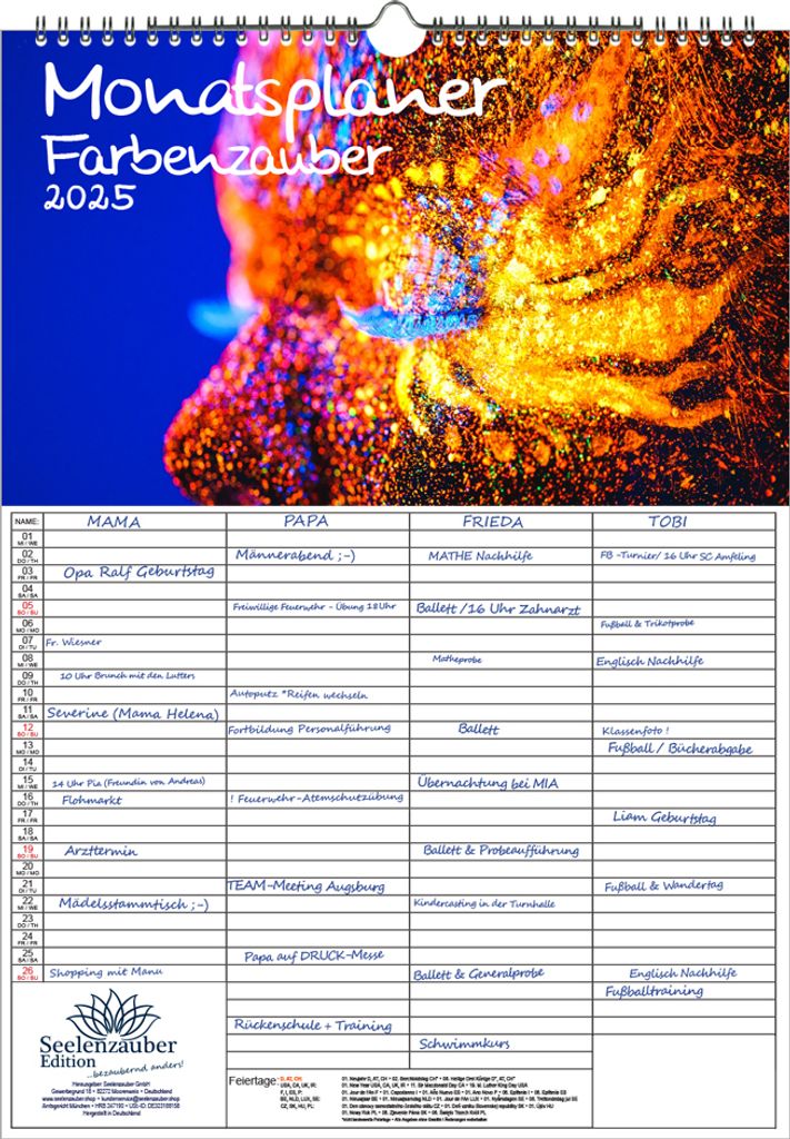 Farbenzauber Planer Wandplaner Familienplaner 4 Spaltenplaner DIN A3 Kalender für 2025 Farben Colours - Seelenzauber
