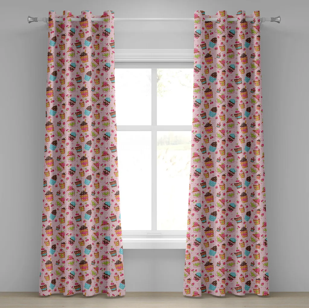Paire de rideaux occultants décoratifs motif cupcakes rose 280x245cm