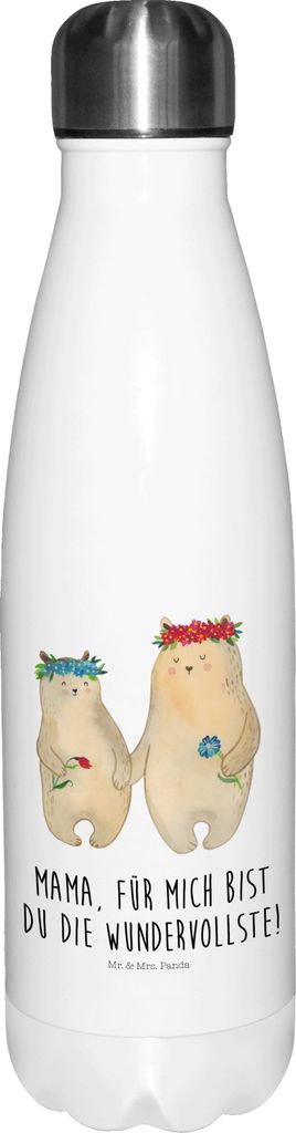 Mr. & Mrs. Panda Thermo-Trinkflasche Bären mit Blumenkranz - Weiß - Geschenk, Muttertag, Thermos, thermosflaschen, Mutter, trinkflaschen, Familie...