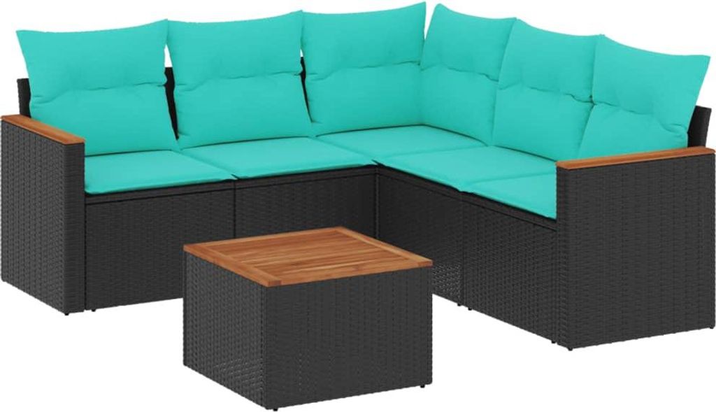 6-teiliges Gartensofa-Set mit Kissen, schwarzes Polyrattan
